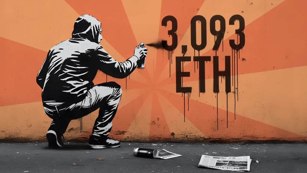 a banksy style painting of a man spray painting "3,093 ETH" on an orange wall