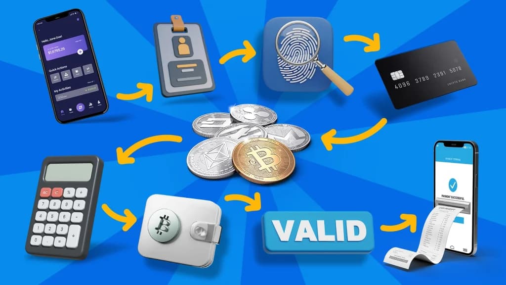In a blue image, a circle of items including a phone, calculator, wallet, and bank card surrounds a stack of cryptocurrency coins. 