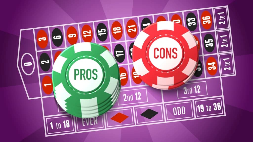 Green and red betting chips say “Pros” and “Cons,” resting atop a roulette betting table on a purple background. 
