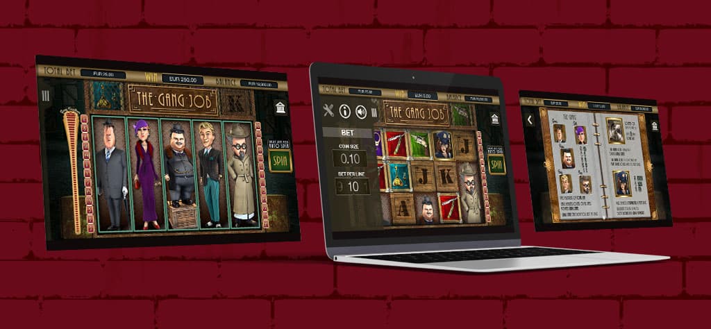 The Mob Heist slot displayed on a laptop showing how to play the game by placing a bet and selecting your amount; other images from the game are on either side