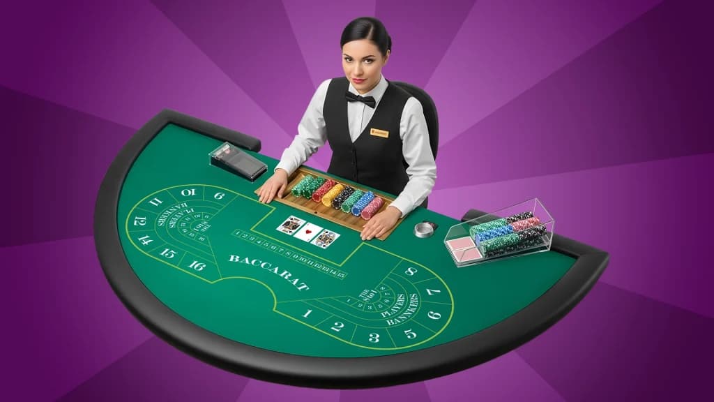 At the green-felt baccarat table, a dealer with a slicked-back bun prepares to deal cards. 