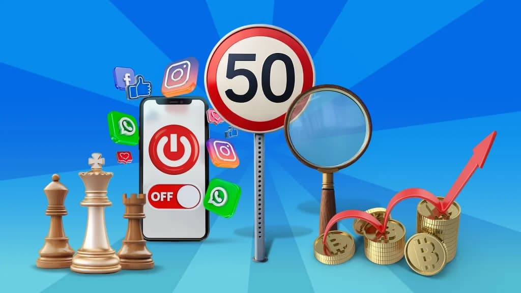 Chess pieces, a pile of Bitcoins, a cell phone with many apps, a magnifying glass, and a “50” speed limit sign are all displayed over a blue background. 