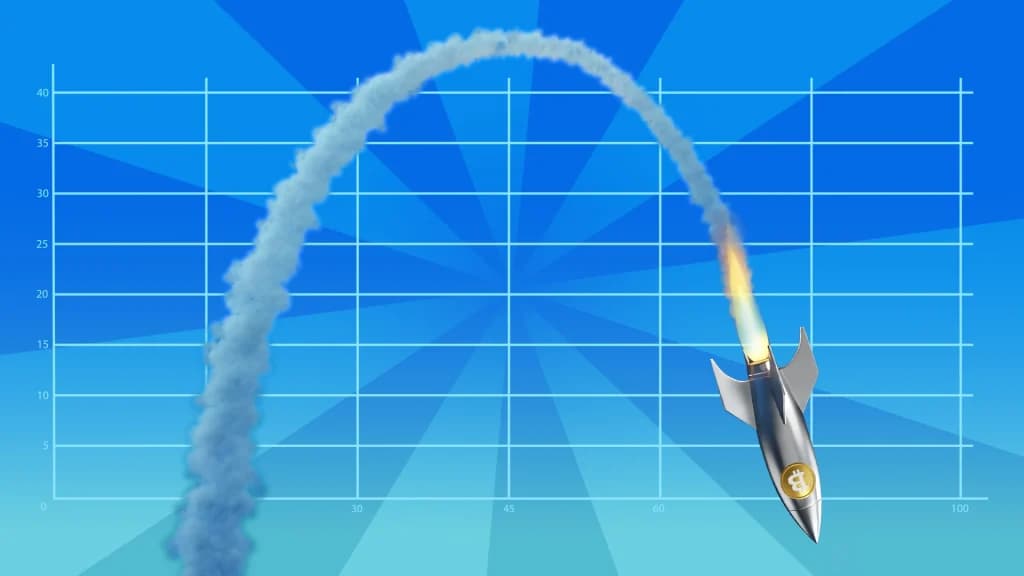 A rocket and its contrail soar up and sharply down again, forming an arc over a chart grid on a blue image. 