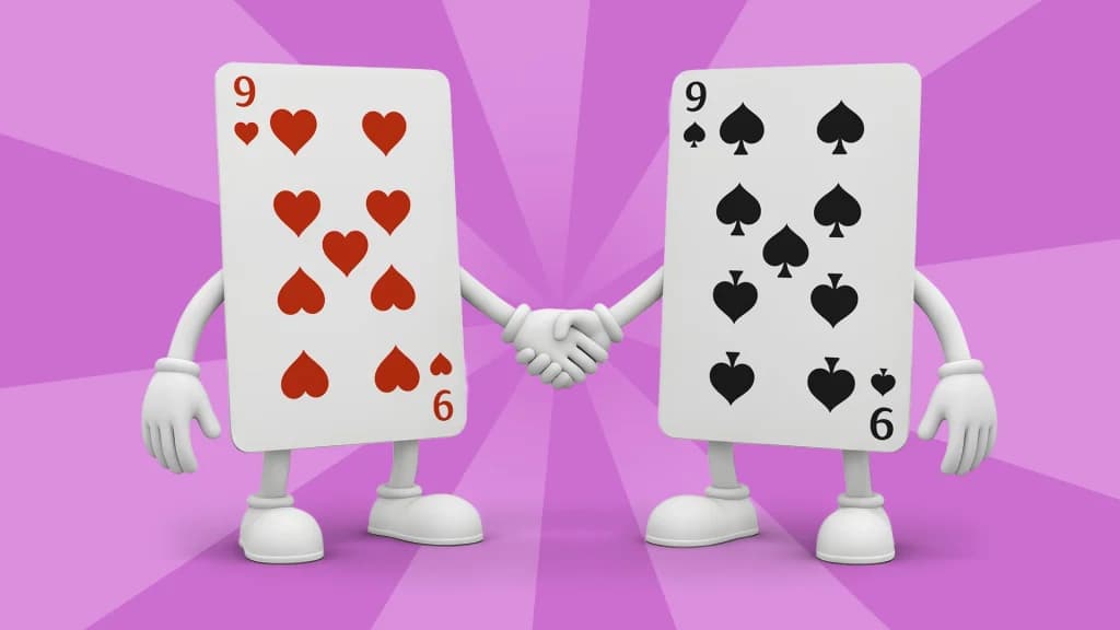 Two nine playing cards hold hands on a light purple background. 