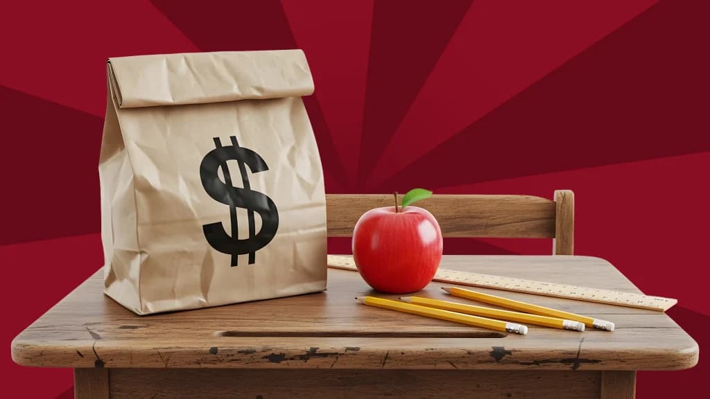 A paper bag with a ‘$’ on the front rests on a classic school desk beside an apple, three pencils, and a ruler. 