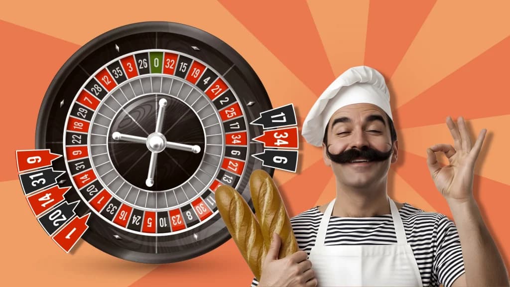 The roulette orphelins numbers are shown on a roulette wheel, with a French chef in a white chef’s hat and a large black mustache, holding two fresh baguettes. 