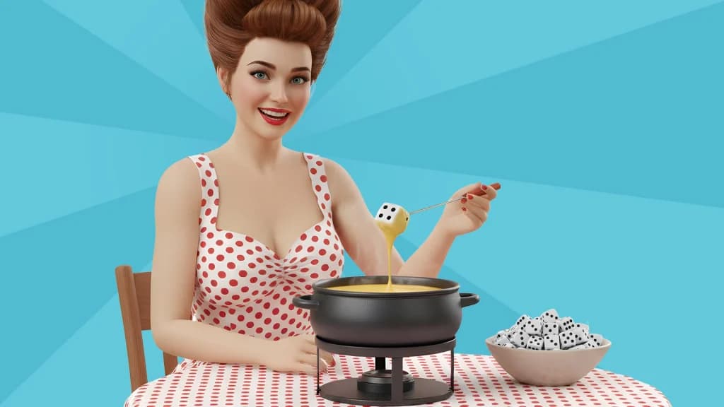 A lady with a beehive hairstyle, dressed in a white, flared dress with red polka dots, dips a die into a fondue pot on a light blue background. 