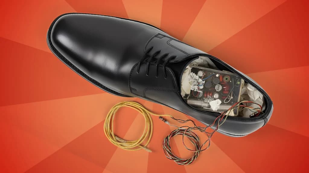 A men’s black dress shoe has a handmade machine inside, with two cords spiraling out, showing a machine a player could use to cheat at roulette. 
