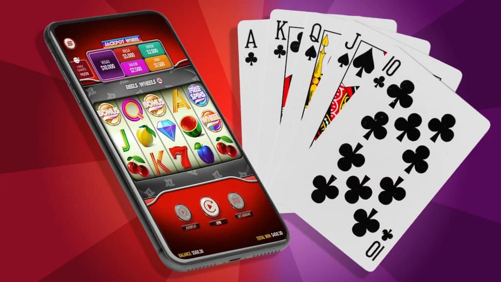 Five playing cards show a straight poker hand. To their left is a slot game playing on a smartphone. 