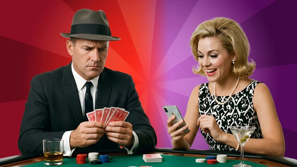 A lady with a straight-up martini plays a slot game on her smartphone on a purple background. To her left, a man against a red background has a neat whiskey, looking pensively at five cards in poker. 