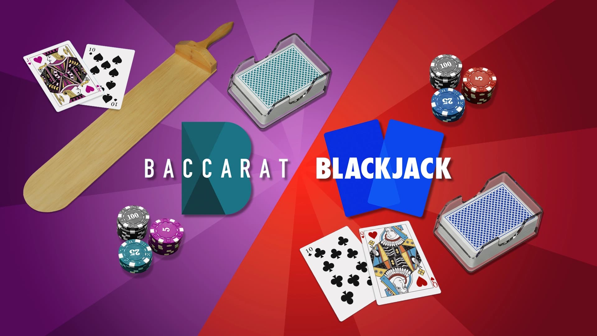 In a purple and red image, we see the layout of baccarat and blackjack on either side, respectively.