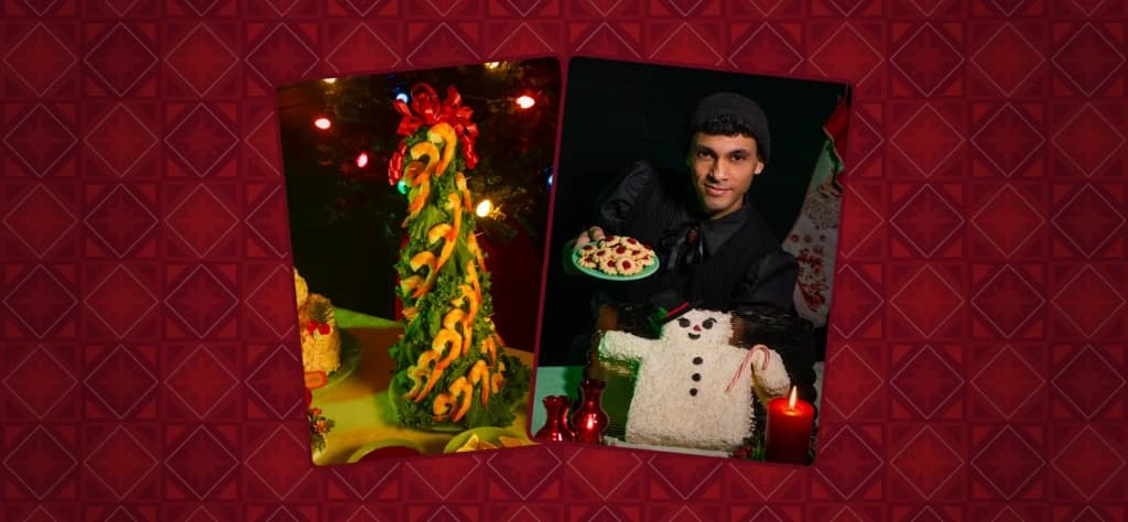 A mid-century style holiday scene showing a shrimp Christmas tree centerpiece and a coconut-covered snowman cake displayed on a festive table.