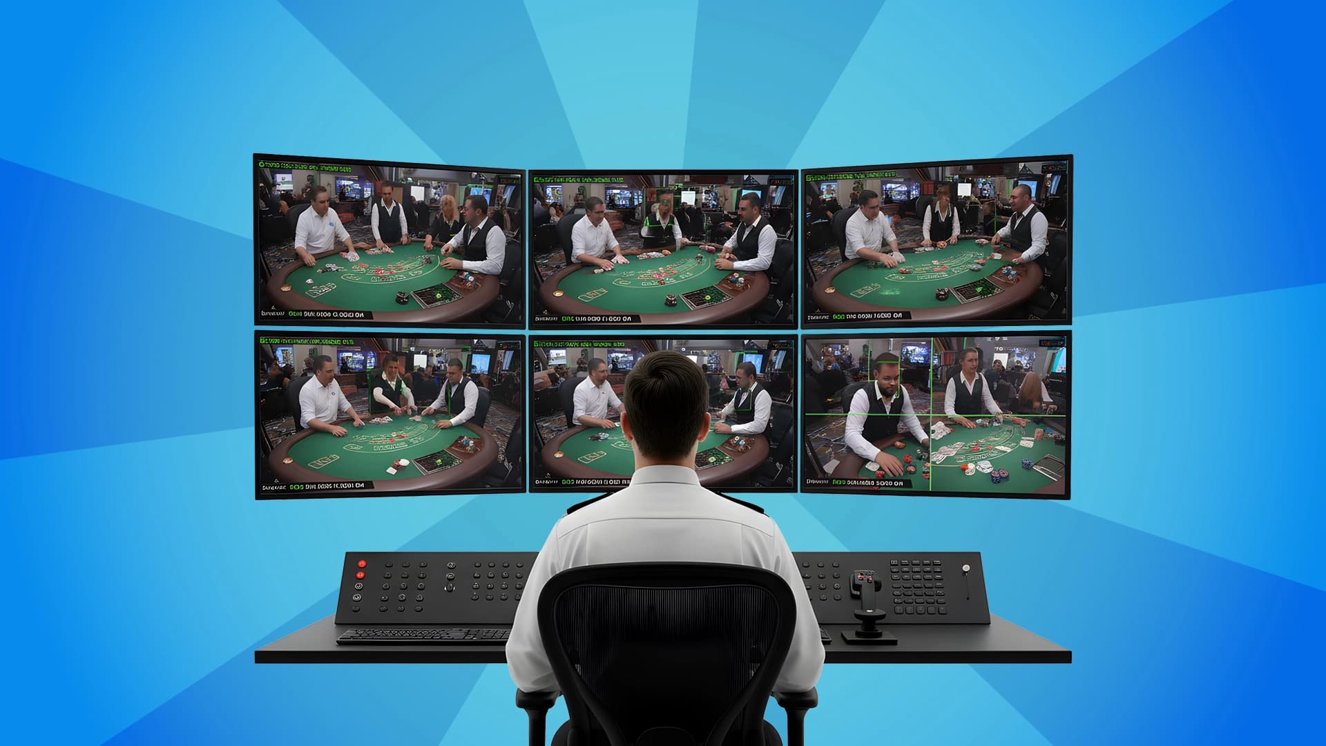 On a blue background, a security man sits at a desk with six surveillance screens watching multiple angles of one blackjack table.