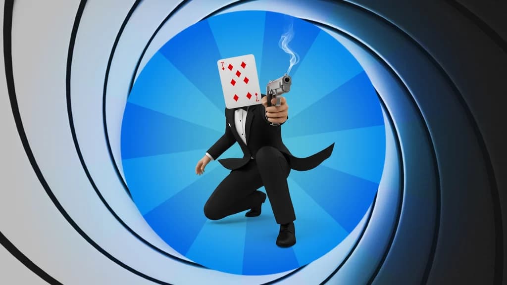A man in a tuxedo with a 7 of diamonds covering his head in a James Bond lens