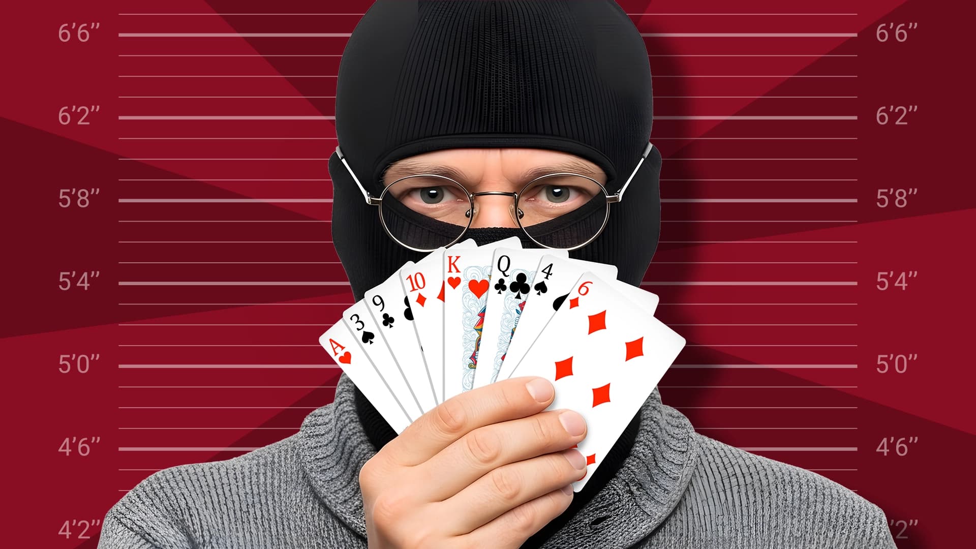 On a red background showing increasing measurements, a cunning man with a black ski mask, grey sweater, and glasses holds eight playing cards in his hand.