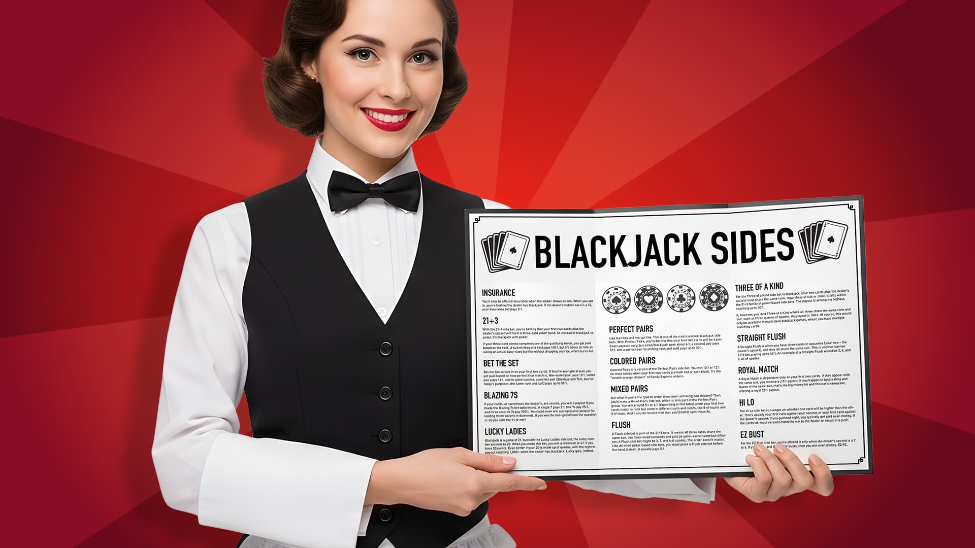 A lady in formal server clothes displays a menu of Blackjack Sides on a red background.