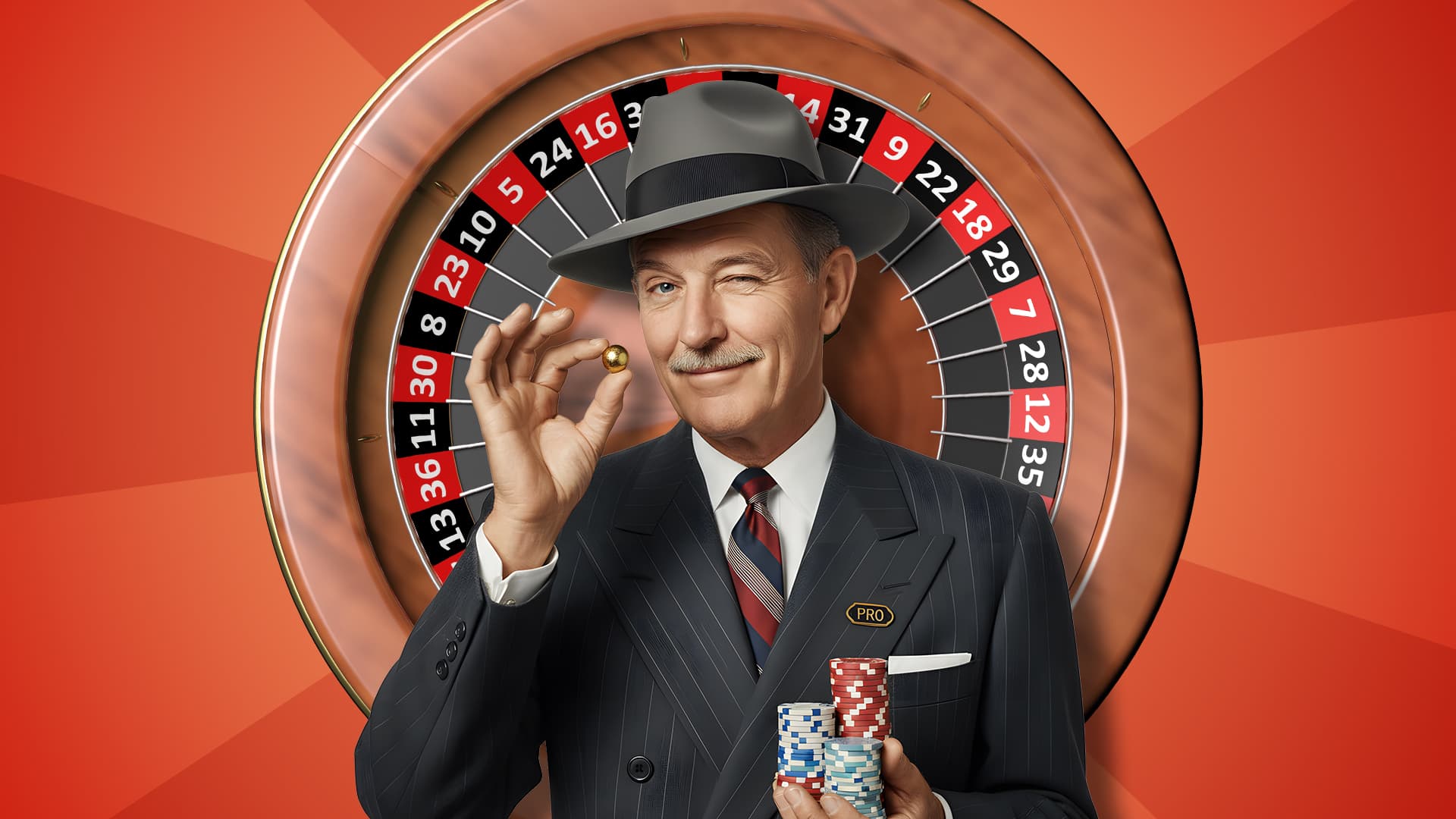 On a red-orange background, a man in a top hat and black pin-stripe suit holds a gold roulette ball and three stacks of chips. He stands in front of a roulette wheel with a wooden border.
