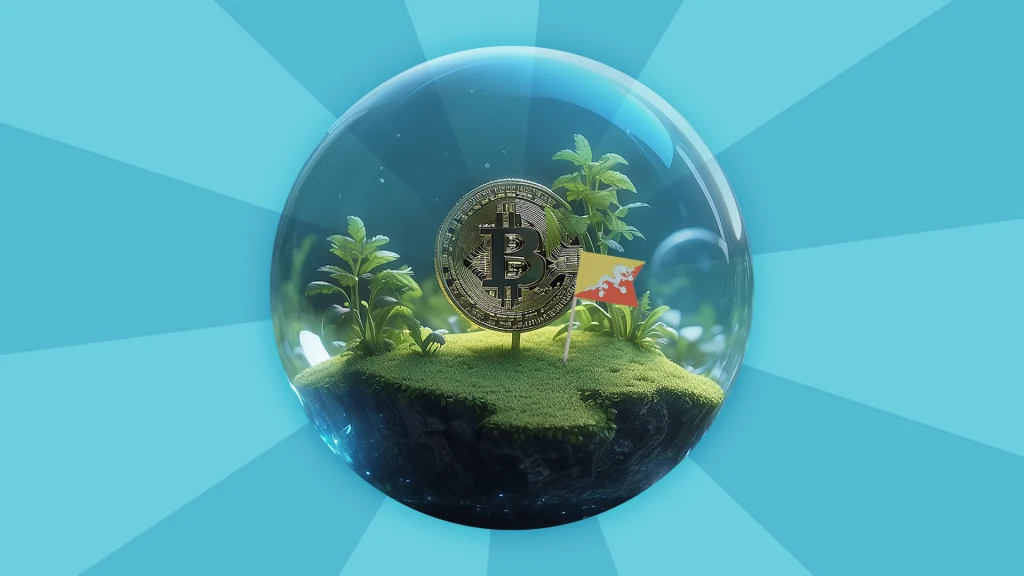 On a light blue background, a clear orb encases growing grass and plants, along with a gold Bitcoin and a mini Bhutanese flag.
