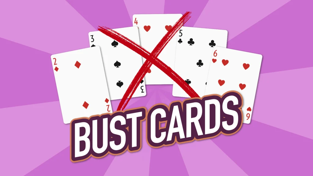 “Bust Cards” is shown beneath five playing cards displayed on a light purple background. 
