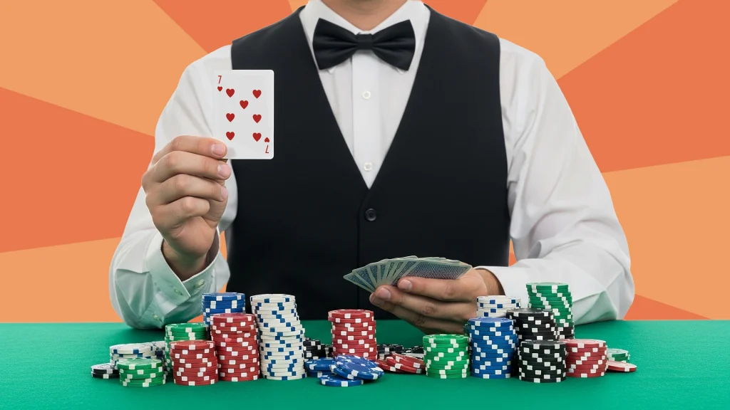 On a green felt, a dealer holds a 7 and a deck of cards, sitting behind stacks of betting chips, with a peach background behind him. 