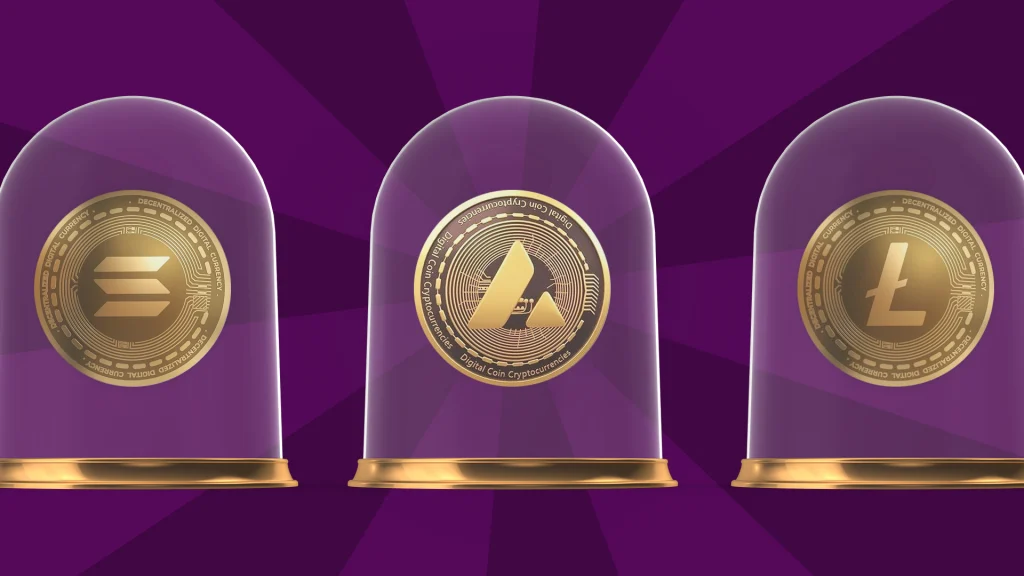 On a dark purple background, Solana, Avalanche, Litecoin coins are held in glass jars with golden bases.