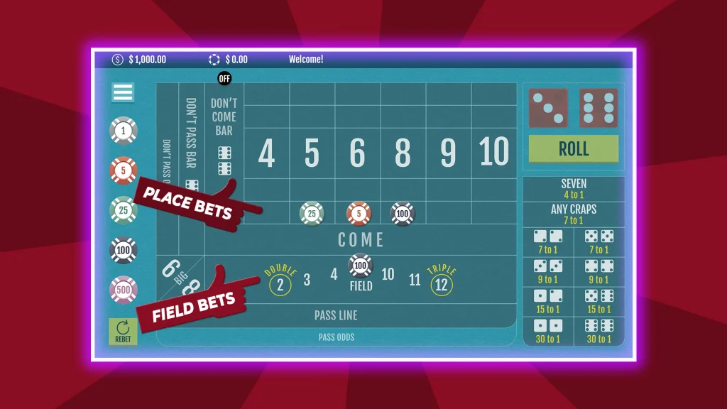  A craps betting table shows place bets and field bets, the two bets required to do the iron cross strategy. 