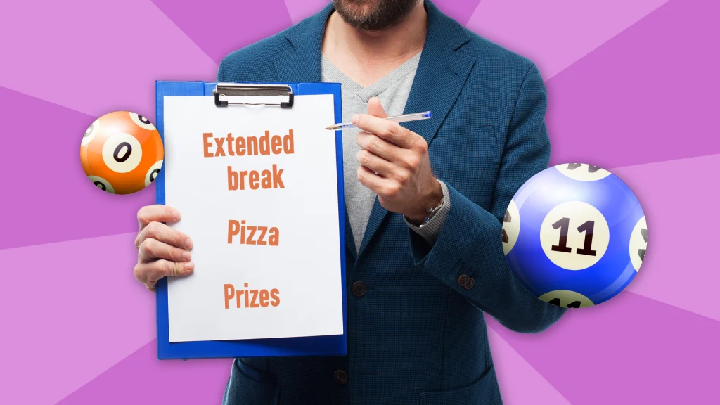 A man in a blue suit holds a clipboard listing "Extended break, Pizza, Prizes," with bingo balls floating around.