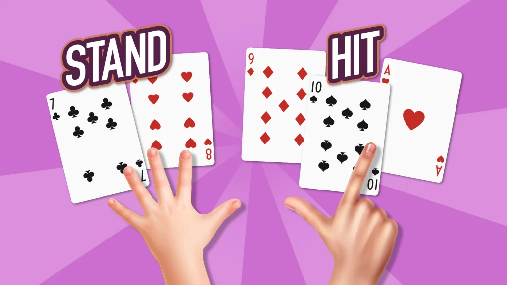Hand signals show to “stand” on cards showing 7 and 8, and to “hit” on cards 9, 10, and ace. 
