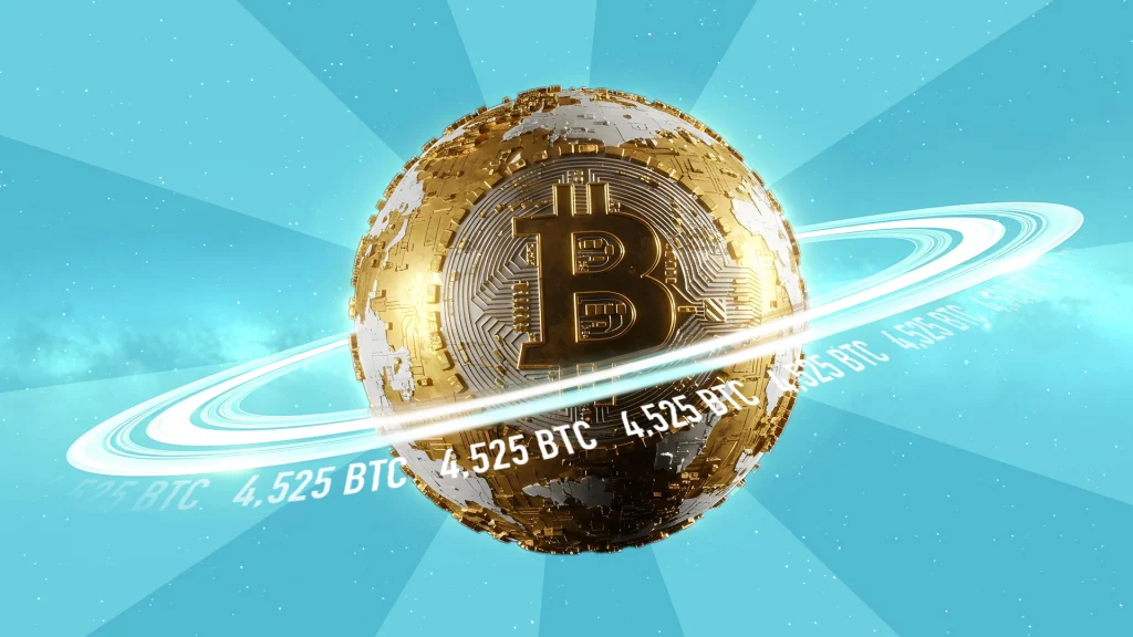 A gold planet with the Bitcoin logo has white rings showing “4,525 BTC,” and it’s on a light blue sky with rays of light emitting from it and faint clouds and stars in the background.