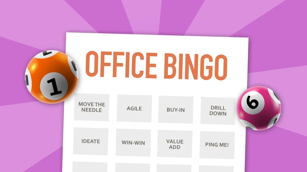 A close-up of an office bingo card featuring buzzwords, surrounded by colorful bingo balls on a vibrant purple background.