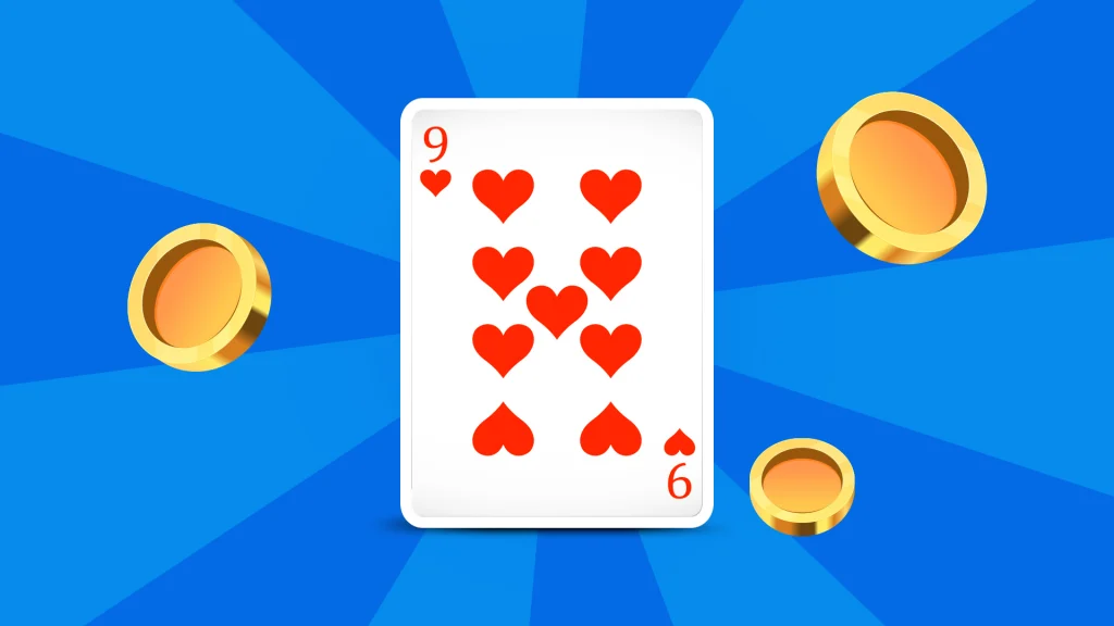 The nine of diamonds playing card is in the center of a blue image, with three gold coins surrounding it.  