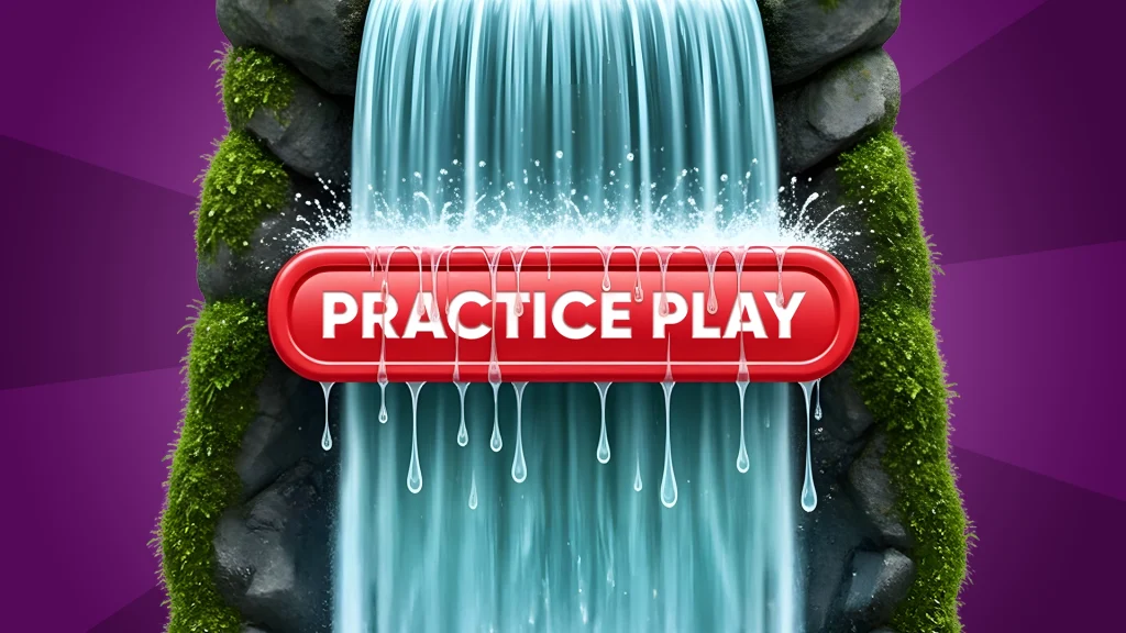 a waterfall with mossy stones either side and a red practice play button in the middle dripping with water on a purple background