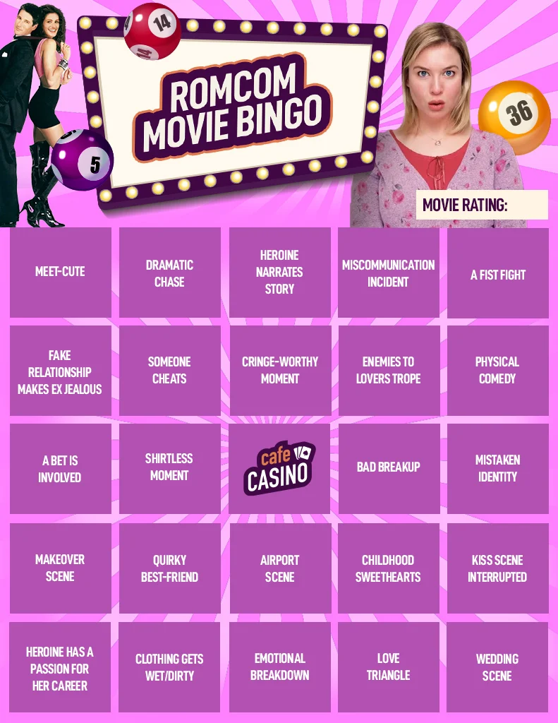 5x5 Romcom movie bingo card featuring Bridget Jones and Pretty Woman