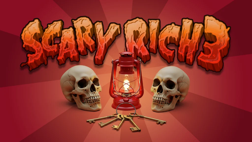 Two skulls flank a lit lantern with five keys splayed in front of it on a red background. Above this scene are the words, ‘Scary Rich 3,’ dripping with goop. 