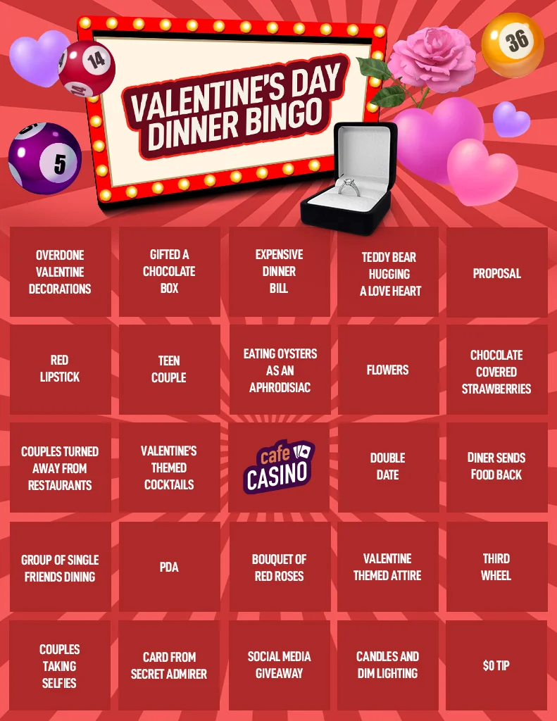 5x5 Valentine's day dinner bingo card on a red background with lovehearts, roses and an engagement ring