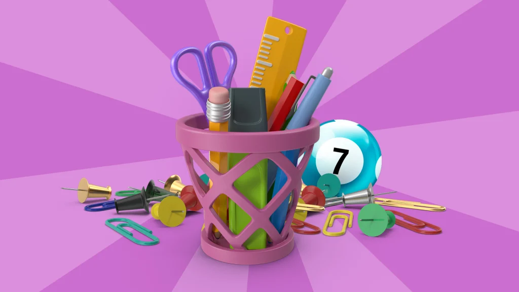 A desk organiser filled with colorful office supplies, scattered push pins, and a bingo ball on a bright background.