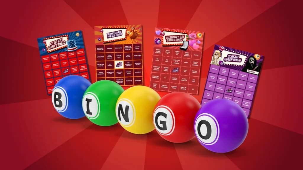 Five colored Bingo balls line up on a rich red image, with four specialty Bingo cards placed behind them.