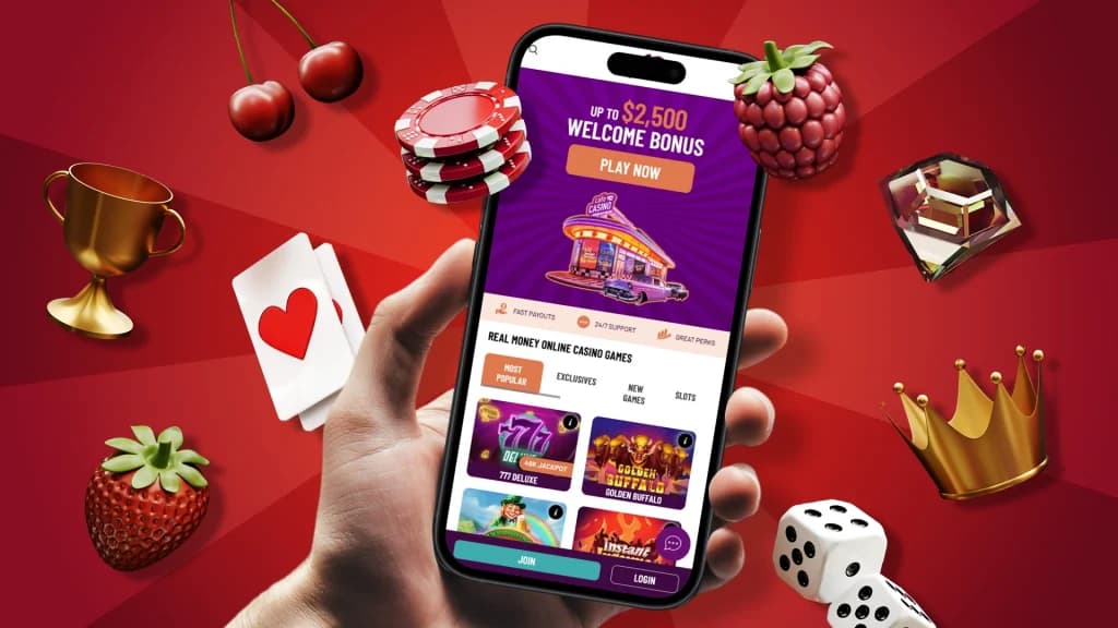 Symbols from classic slot games, like fruits, dice, crowns, and cards, surround a hand holding a smartphone, displaying the Cafe Casino website.