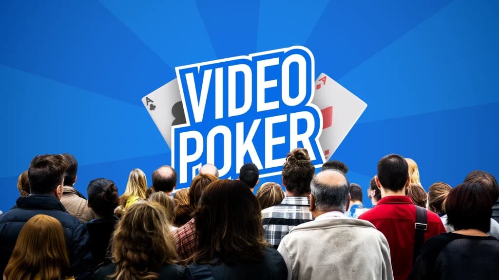 Large crowd seen from behind looking at a bright blue “Video Poker” sign with two playing cards behind it.