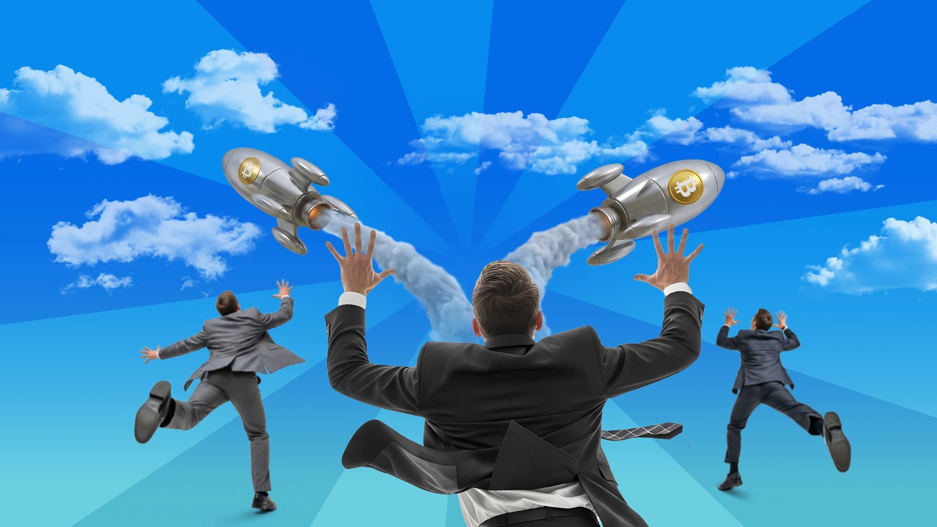 Three crazed men in business suits look up at the sky as two rockets shoot in opposite directions, leaving contrails on a blue background.