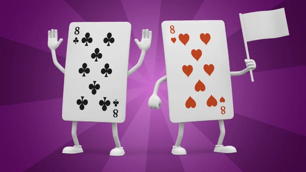One 8 playing card holds its hands up in surrender, and another holds a white surrender flag in a purple image.