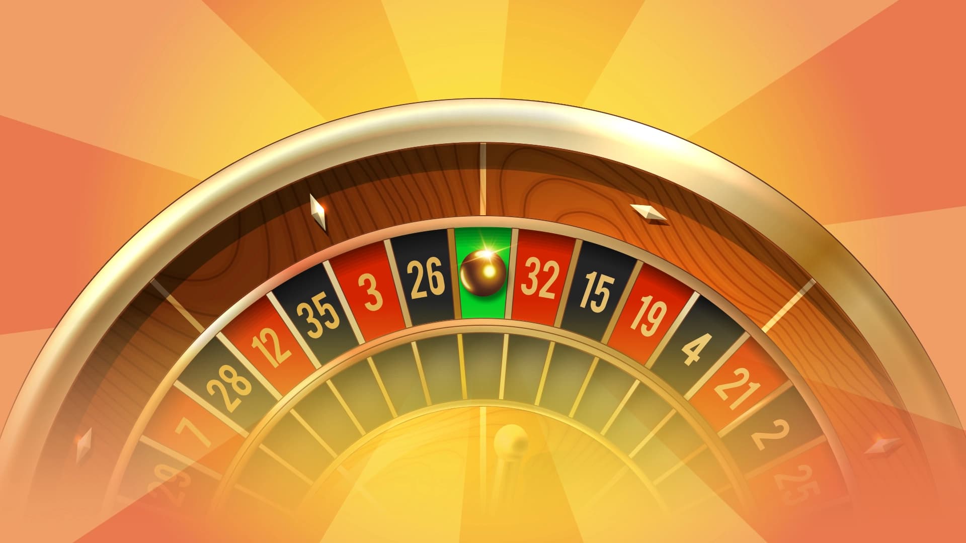 A roulette wheel spins over a yellow and orange background, with the ball landing in the green pocket.