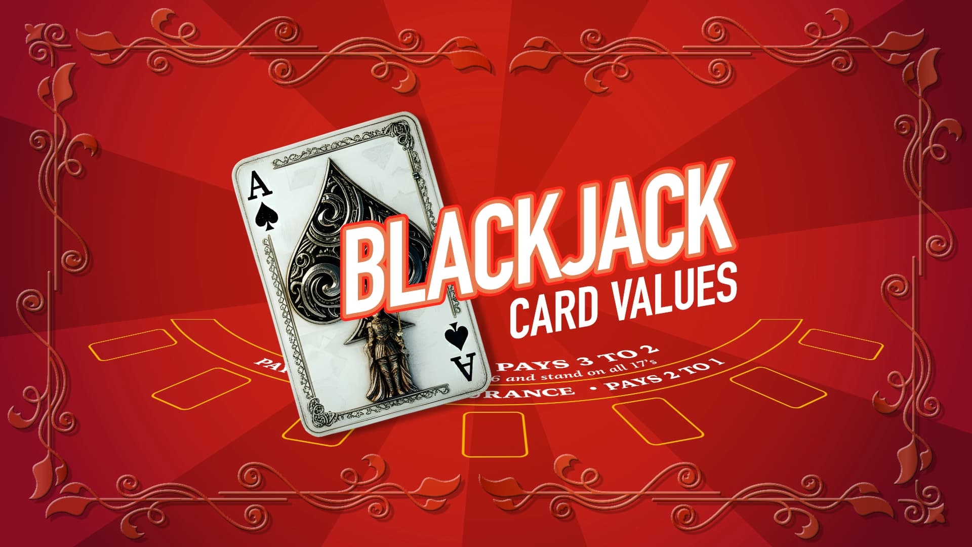 On an adorned red background, an Ace card is shown with text above it that reads, “blackjack card values.”