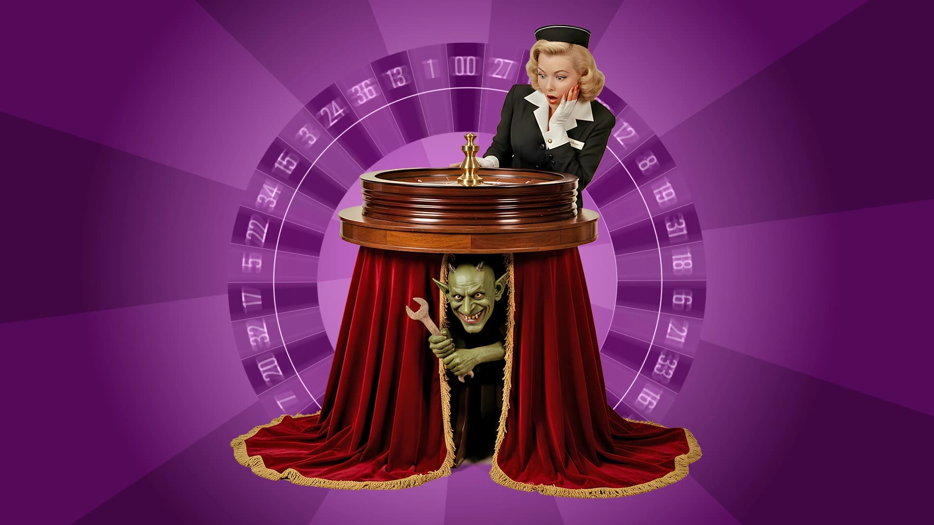 On a purple background showing a roulette wheel, a green gremlin with a wrench hides behind a red curtain, while a lady in 1950s style looks shocked at the roulette wheel.