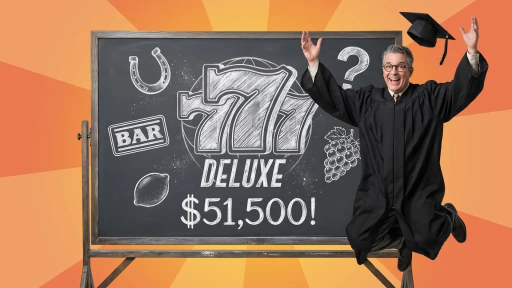 A blackboard shows the game 777 Deluxe and a $51,500 win. To its right, a man in a black cap and gown leaps into the air with happiness.