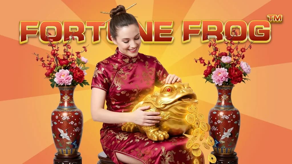 Fortune Frog is the game on display on an orange background. A woman in a red kimono rubs a golden frog between two traditional red vases with roses.
