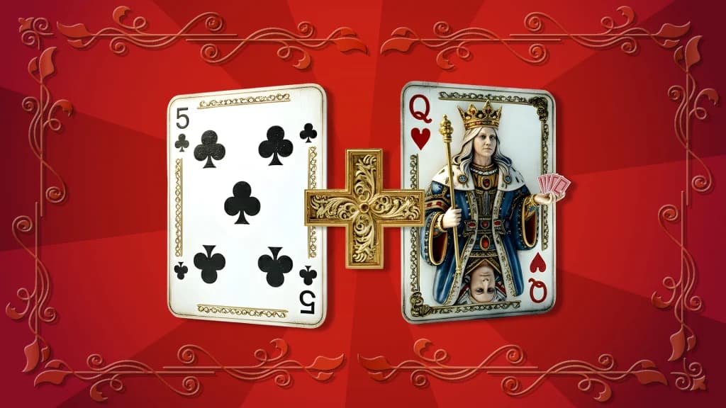 We see a 5-card plus a Queen card on a royal red background.