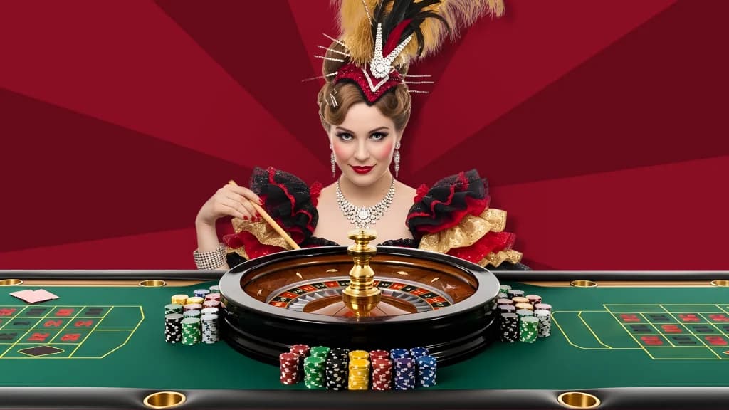 A woman croupier in classic French attire guides a game of French roulette, with colored chips stacked around the wheel.