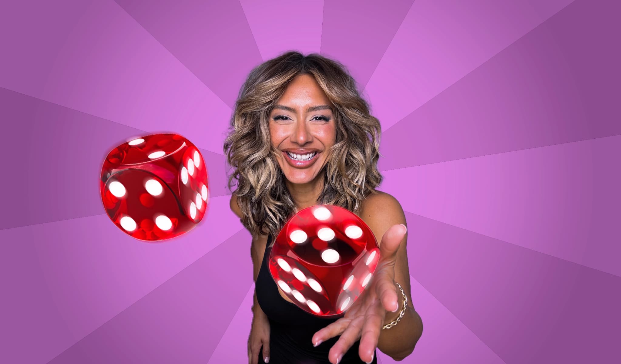 Rubi Yunuen smiling and tossing oversized red dice against a purple starburst background.