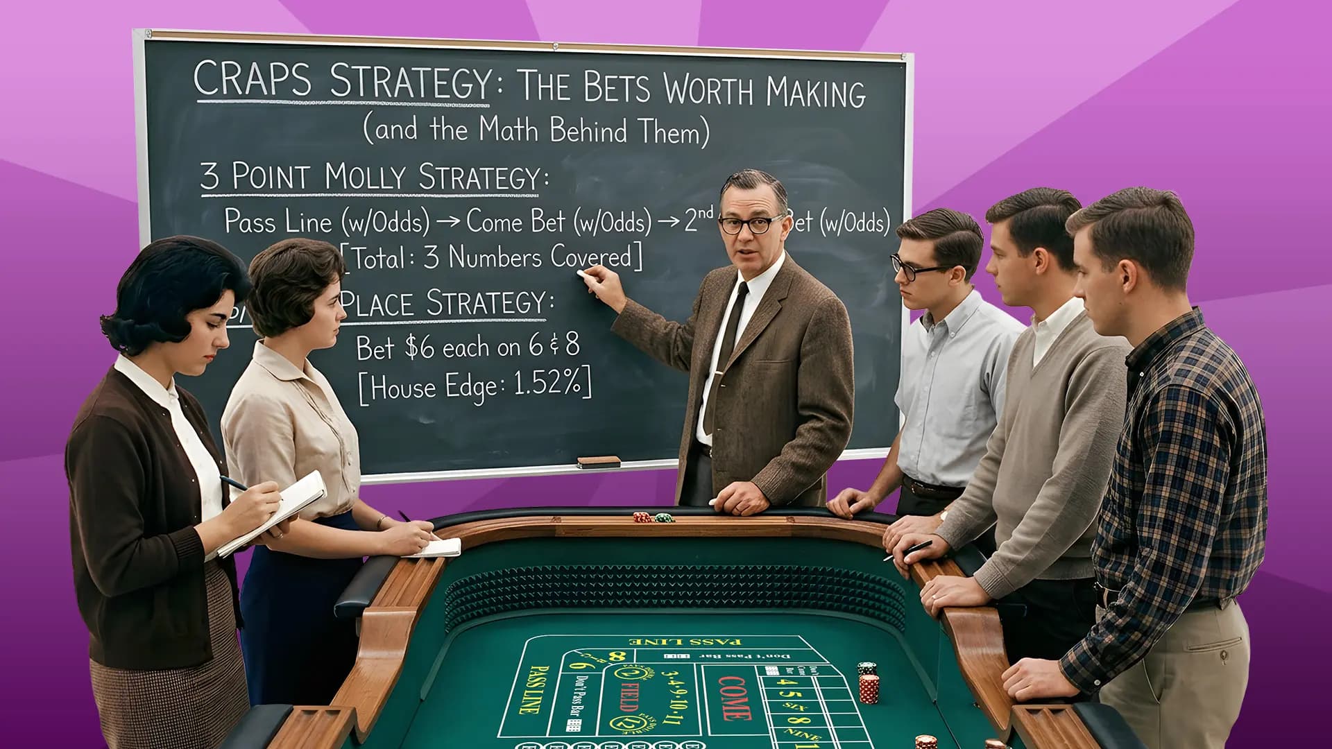 A professor in a brown suit teaches the three best craps strategies on a blackboard (pass line + odds, 3-point molly, and 6/8 place), while five students take notes and learn while standing at a craps table.